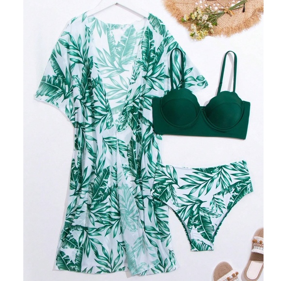 Boho Leaves High Waisted Scallop Detail Bikini Cover Up Swim Set - Picture 2 of 4
